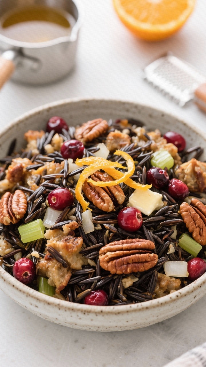 Straight-on, composed serving of wild rice and cranberry stuffing with toasted pecans and orange zest in a ceramic bowl. Glossy wild rice grains mixed with ruby dried cranberries, deeply toasted pecan halves, finely chopped onion and celery, all bound with olive oil and butter. Bright curls of fresh orange zest on top for aroma. A small saucepan of broth in the background and an orange with a zester nearby; clean, modern light to highlight jewel-like colors and nutty textures.
