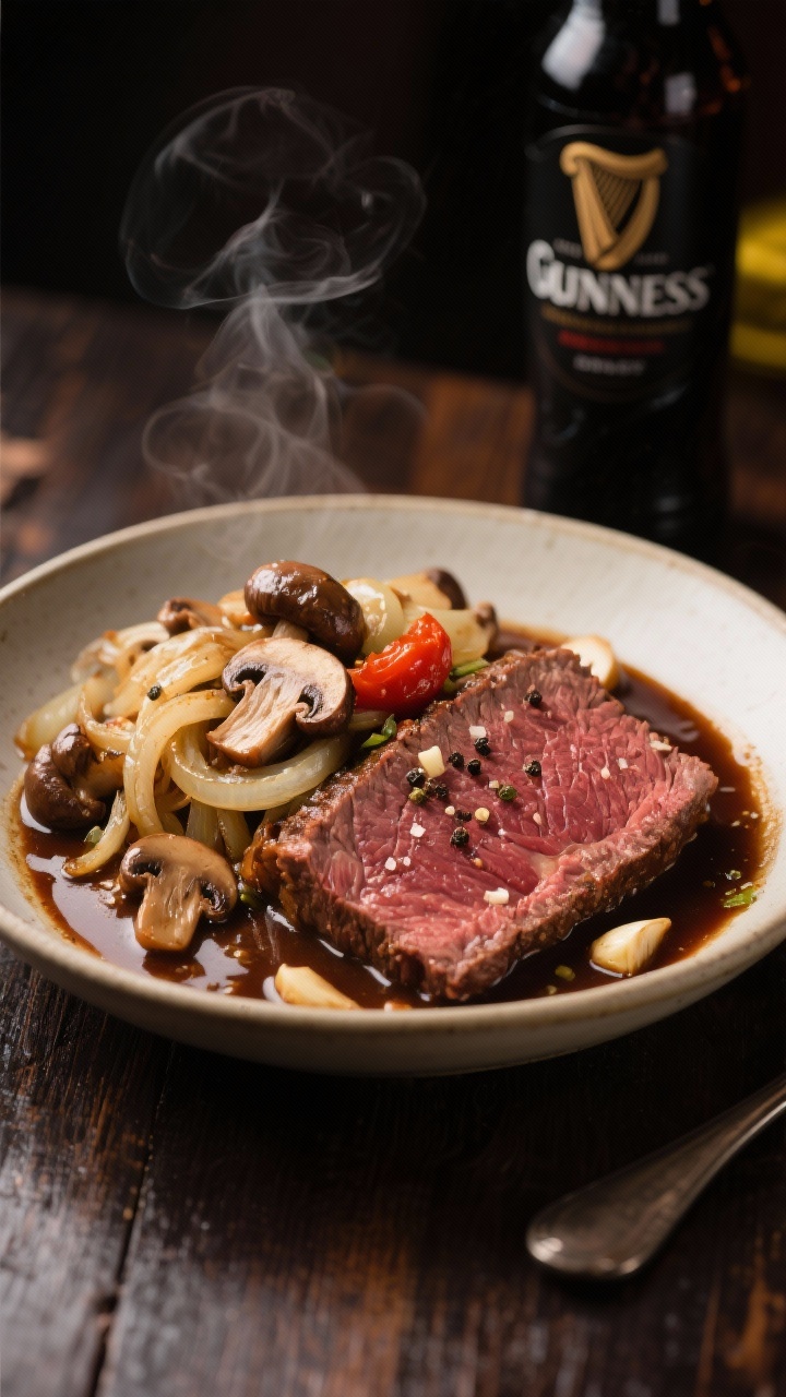 Straight-on, cozy pub-style scene: Guinness-braised chuck roast served in a shallow bowl with a heap of silky onions and sautéed cremini mushrooms in a dark, malty gravy; tomato paste depth hinted by a rich brick-red undertone; minced garlic pieces visible in the sauce; beef sliced thick with a peppered, salted exterior; a bottle of stout blurred in the background for mood; vegetable oil gloss and steam rising; shot on a dark wood table with soft side lighting to accentuate the sheen on mushrooms and the stout-dark gravy.
