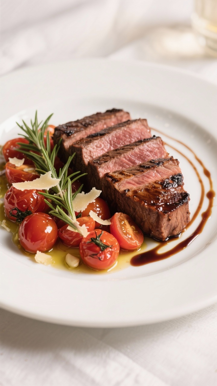 Straight-on, elegant plated entrée: Balsamic-rosemary flank steak, charred edges and deep mahogany glaze from balsamic vinegar, olive oil, Dijon, minced garlic, kosher salt, and black pepper; thin slices leaning against a tumble of burst cherry tomatoes glistening with olive oil; shaved Parmesan raining over the tomatoes and steak; fresh rosemary sprigs for aroma; served on a wide white plate with balsamic reduction swirls; soft, directional light and a minimal linen for fine-dining polish.