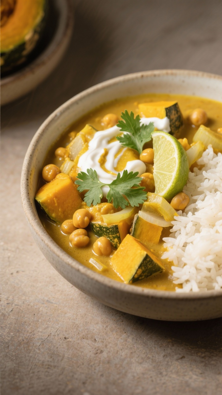 Straight-on hearty bowl of golden kabocha curry: chunky 1-inch kabocha pieces (skin on), chickpeas, and diced yellow onion in a creamy coconut-turmeric broth, garnished with fresh cilantro and a wedge of lime; subtle swirl of coconut cream on top, served in a matte ceramic bowl with steamed rice in a side dish; warm, saturated color grading emphasizing the golden hue, soft diffused light, minimal rustic props.