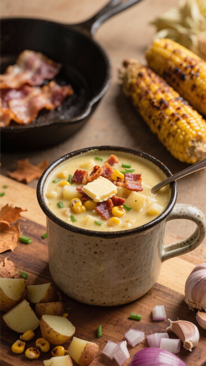 Straight-on hearty presentation of roasted corn and potato chowder in a rustic mug: creamy pale-gold base packed with Yukon Gold potato dice and charred corn kernels, topped with crisp chopped thick-cut bacon (optional) and a pat of melting butter. Garnish with chives; a spoon breaks the surface to reveal chunky texture. Background props include a skillet with rendered bacon, a pile of roasted corn on the cob, and diced onion and garlic on a cutting board. Cozy autumn mood, warm tones, soft side light, ultra-appetizing.