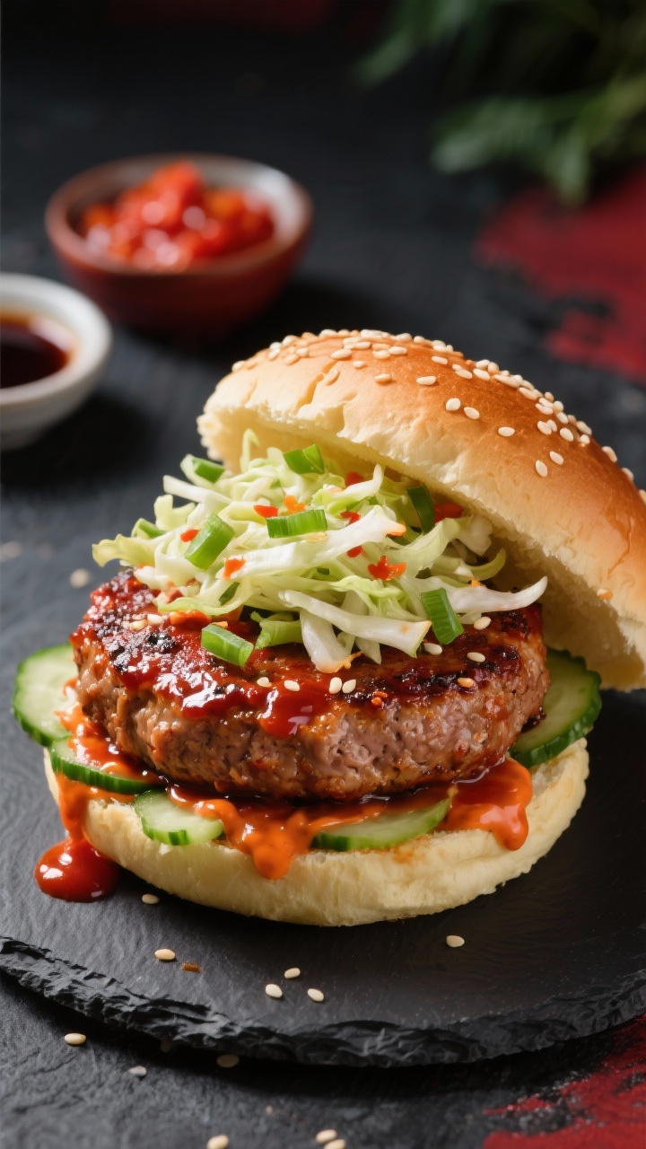 Straight-on hero shot of Korean-inspired gochujang turkey burger with sesame crunch: glossy, lacquered patty seasoned with gochujang, soy sauce, toasted sesame oil, grated ginger, and minced garlic; topped with a sesame-cabbage slaw featuring finely sliced scallions and toasted sesame seeds; drips of spicy gochujang mayo at the edges; pickled cucumber ribbons tucked in; served on a soft potato bun with extra sesame seeds sprinkled on top; small dishes of gochujang and soy sauce in the background, dark slate backdrop for bold red and green contrast.