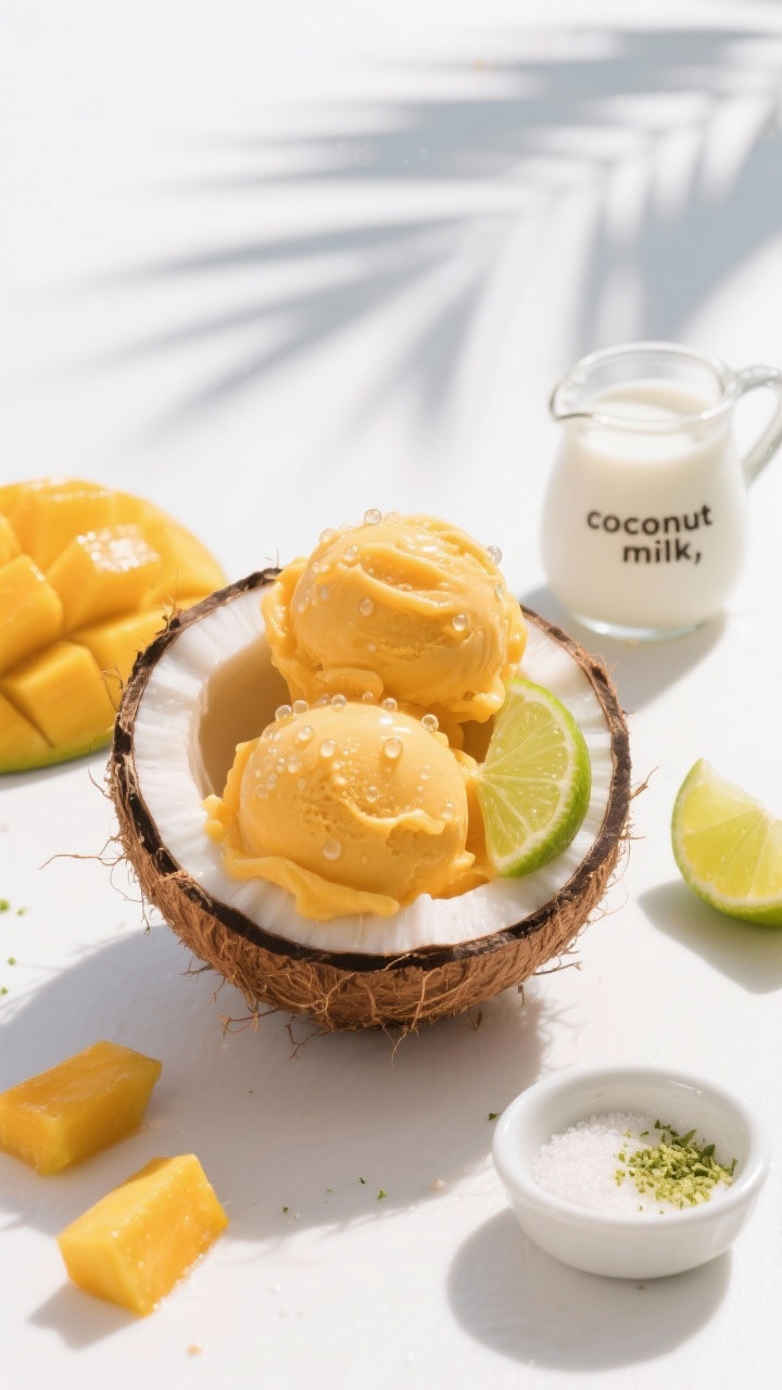 Straight-on hero shot of Mango Coconut Sorbet scooped into coconut shell halves: vibrant golden-orange mango scoops with a silky surface from full-fat coconut milk, condensation beads, and a glossy squeeze of lime over top. Scatter fresh mango chunks, a small pitcher labeled “coconut milk,” lime wedges, a pinch bowl of sugar/agave, and a tiny dish of grated lime zest (optional) for brightness. Tropical beach-vacation vibe, sunlit scene, high saturation, clean white background with palm-leaf shadow for atmosphere.