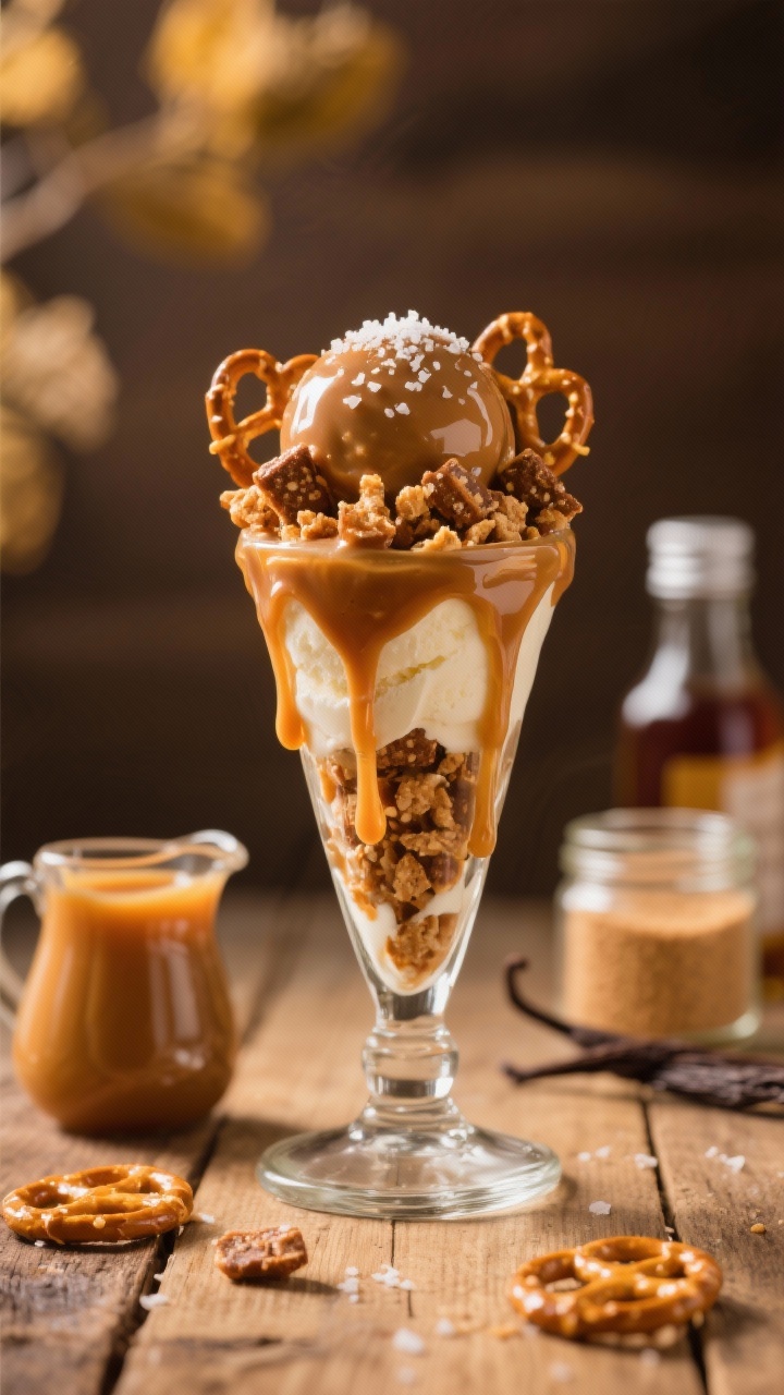 Straight-on hero shot of “Salted Caramel Pretzel Crunch”: tall scoop in a clear glass, thick caramel sauce cascading down the sides, studded with pretzel pieces for crunchy texture; sprinkle of flaky sea salt on top to signal sweet-and-salty drama; supporting elements: a small pitcher of caramel, a jar of light brown sugar, and vanilla extract bottle blurred behind; warm, golden-hour lighting, rustic wood surface; emphasize contrast between glossy caramel, creamy base, and crisp pretzel shards.