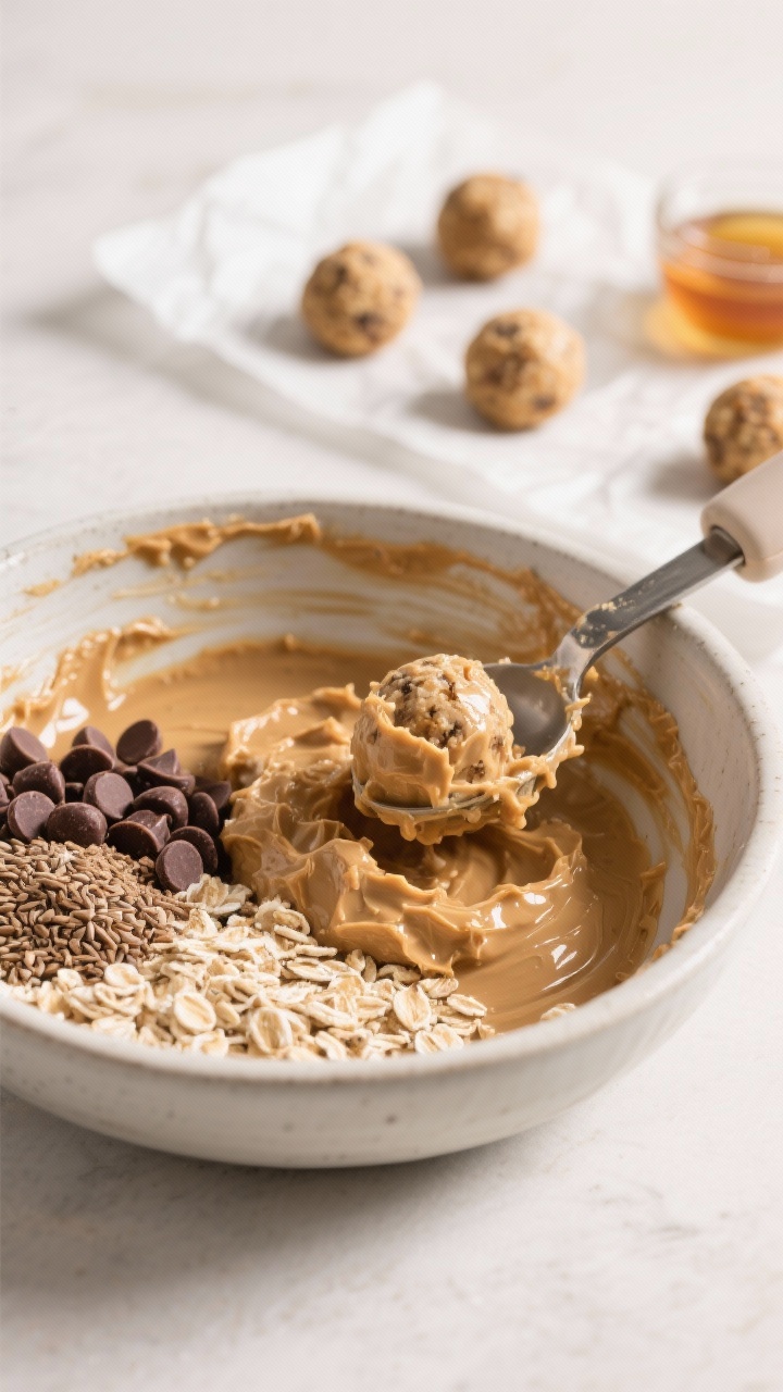 Straight-on ingredient prep shot of no-bake peanut butter protein bites being formed: a mixing bowl with creamy natural peanut butter, rolled oats, ground flaxseed, mini chocolate chips, maple syrup/honey, and vanilla extract visible and partially mixed, with a cookie scoop portioning neat balls onto parchment. Emphasize sticky, glossy peanut butter binding the oats; tight depth of field highlighting texture. Neutral background, bright natural light, clean and energizing mood, no people.
