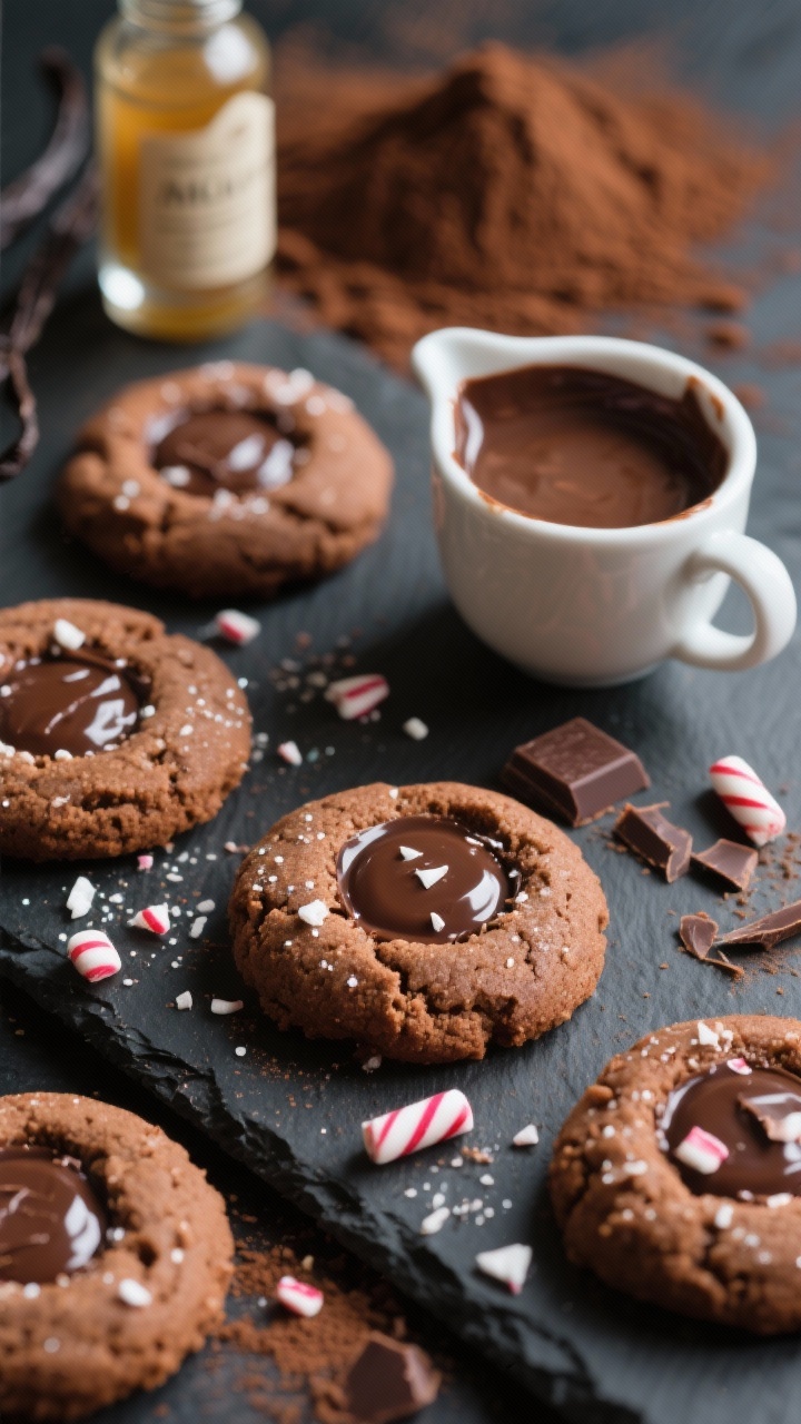 Straight-on macro shot: Peppermint hot cocoa thumbprints on a dark slate, each cookie filled with shiny fudgy chocolate centers and garnished with crushed peppermint candy. Rich cocoa-brown cookie crumb, slight sugar sparkle on the surface, a small pitcher of melted chocolate in frame, and scattered chocolate shavings. Cozy hot-cocoa vibe with a blurred background of cocoa powder and a vanilla extract bottle.