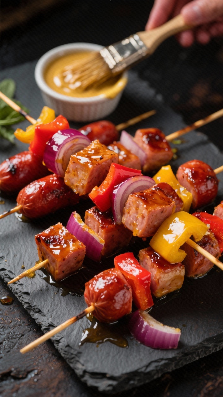 Straight-on party platter presentation: honey-mustard glazed kielbasa skewers threaded with 1-inch chunks of kielbasa, red onion, red bell pepper, and yellow bell pepper, lacquered and sticky with visible glaze drip. Skewers fanned across a slate board with a ramekin of extra honey-mustard sauce and a brush glistening with glaze. Vibrant reds and yellows pop against dark background; char-kissed edges on the sausage and peppers. Bright, punchy light for a festive vibe, shallow depth of field to emphasize the skewers, no hands.