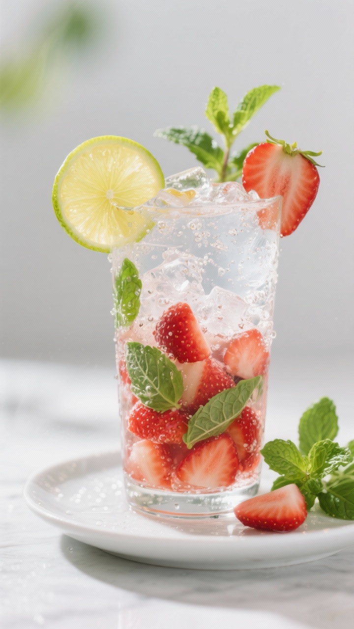 Straight-on plated beverage shot: Sparkling Strawberry Smash Mocktail in a tall clear glass packed with crushed ice, muddled ripe strawberry pieces and their juices, fresh mint leaves (and a few basil leaves as an option) visible through the glass, a bright squeeze of fresh lime juice, a light thread of honey or simple syrup, topped with chilled sparkling water; condensation on glass, lime wheel and strawberry slice garnish, extra mint sprigs nearby, bright summery mood, clean background, no people.