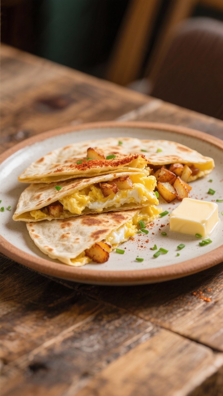 Straight-on plated breakfast quesadilla cut into triangles, revealing soft scrambled eggs and crispy hash brown potato bits seasoned with smoked paprika, salt, and pepper; golden tortilla with light blistering, a small knob of butter melting on the side, and a sprinkle of chives for color; served on a warm ceramic plate atop a rustic wooden table, cozy morning light.