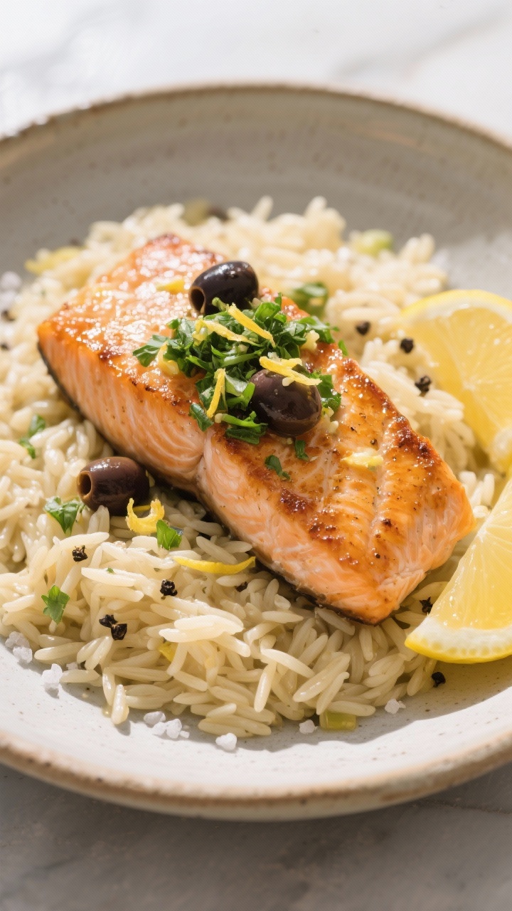Straight-on plated composition of Lemon-Garlic Orzo with Seared Salmon and Olive Gremolata: crispy skin-on salmon fillets with golden sear, set over glossy lemon-garlic orzo; olive gremolata spooned over the salmon (minced olives, parsley, lemon zest), with visible butter sheen in the orzo; cracked black pepper and kosher salt crystals catching the light. Served in a shallow stoneware bowl, lemon wedges on the side, clean daylight with soft shadows for a fresh coastal Mediterranean vibe.