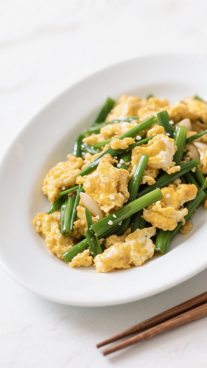 Straight-on plated presentation of 15-Minute Garlic Chive Egg Stir-Fry: custardy scrambled eggs folded into generous lengths of Chinese garlic chives, the eggs tinted golden and glossy from soy, with a whisper of sugar and white pepper; soft curds with slight sheen, chive greens vibrant and spring-fresh; served in a wide white ceramic dish with minimal garnish, clean background to highlight color contrast; a pair of chopsticks resting nearby, no people, bright daylight mood suggesting quick, fresh weeknight cooking.