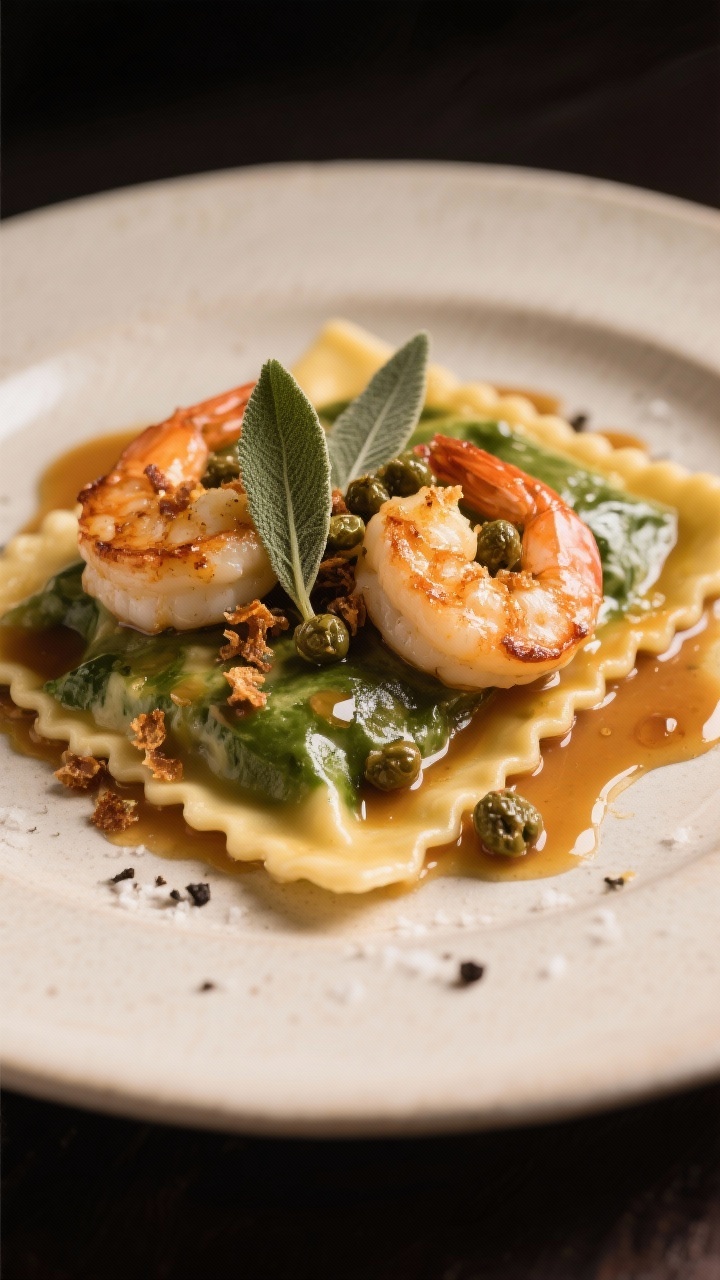 Straight-on plated presentation of brown butter shrimp ravioli with crispy capers and sage: cheese or spinach ravioli glistening in a nutty brown butter sauce made from unsalted butter, topped with seared shrimp, crackly fried capers, and whole sage leaves; a few droplets of brown butter on the rim, kosher salt and black pepper speckling; served on a matte off-white plate against a dark backdrop to make golden browns and greens pop, shallow depth of field for a luxurious, classic Italian feel.