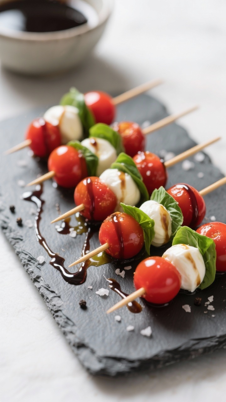 Straight-on plated presentation of Caprese skewers: cherry tomatoes, mini mozzarella balls (ciliegine), and fresh basil leaves threaded on short bamboo picks; a precise balsamic glaze drizzle creating glossy lines across the skewers, with a light brush of olive oil; finishing touches of flaky sea salt and a whisper of freshly ground black pepper; arranged in rows on a matte slate platter with a blurred bowl of extra glaze in the background; crisp daylight for vibrant reds, greens, and whites.