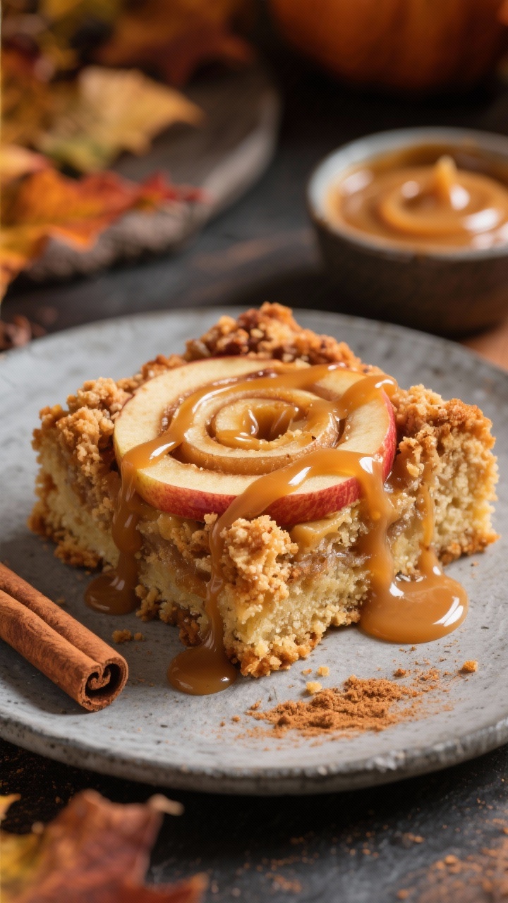 Straight-on plated presentation of caramel apple cinnamon roll dump cake vibes: a square slice with apple pie filling ribbons and spice cake mix crumble, visibly speckled with ground cinnamon and a hint of clove, drizzled with glossy caramel sauce cascading down the sides; served on a matte stone plate with a cinnamon stick and a small bowl of caramel in the background, fall-fair mood with warm, amber lighting; melted butter richness suggested by a shiny, tender crumb; no people, emphasize cozy autumn textures.
