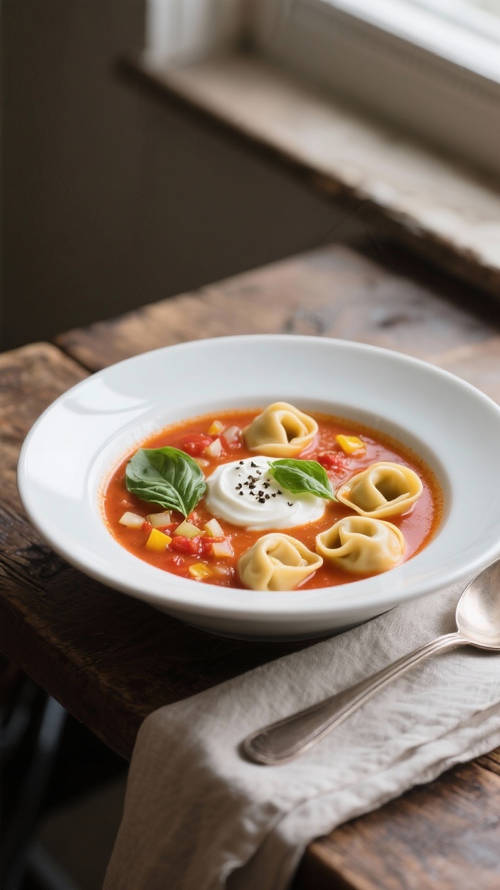 Straight-on plated presentation of creamy tomato basil tortellini soup in a wide white bowl: cheese tortellini nestled in a silky blend of crushed tomatoes and broth, balanced with a touch of sugar and perfumed with dried basil and minced garlic; finely diced yellow onion pieces melt into the sauce. Garnished with a swirl of cream, torn fresh basil leaves, and a dusting of black pepper. Side view emphasizes plump tortellini and velvety texture; set on a rustic wooden table with a spoon and folded linen, soft natural window light.