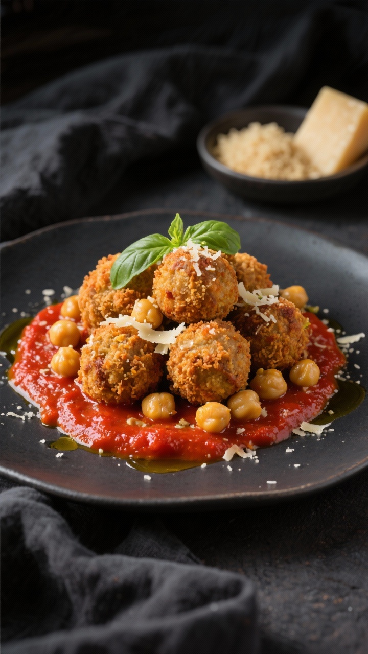 Straight-on plated presentation of crispy chickpea “meatballs” with spicy arrabbiata: golden-brown chickpea spheres made from well-dried chickpeas, panko breadcrumbs, grated Parmesan, and egg (or flax egg), piled over a pool of glossy, fiery red arrabbiata sauce. Finish with freshly grated Parmesan, a drizzle of good olive oil, and a few basil leaves. Place a small bowl of panko and a wedge of Parmesan in the background for context. High-contrast lighting to highlight crisp exteriors and saucy sheen, shot on a dark ceramic plate over a charcoal linen.