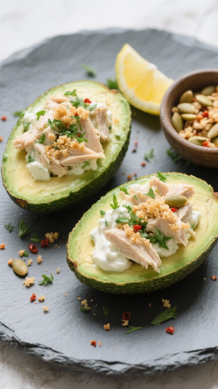 Straight-on plated presentation of herby chicken-stuffed avocado boats: two ripe avocado halves piled with a creamy mix of flaked canned chicken, mayonnaise, Greek yogurt, Dijon mustard, and chopped fresh herbs; topped with crunchy elements like toasted panko and pepitas for texture, a light sprinkle of chili flakes and fresh lemon wedge on the side; set on a cool slate plate with a small bowl of extra crunchy toppings; bright, clean light to emphasize green avocado and contrasting creamy-chunky filling.