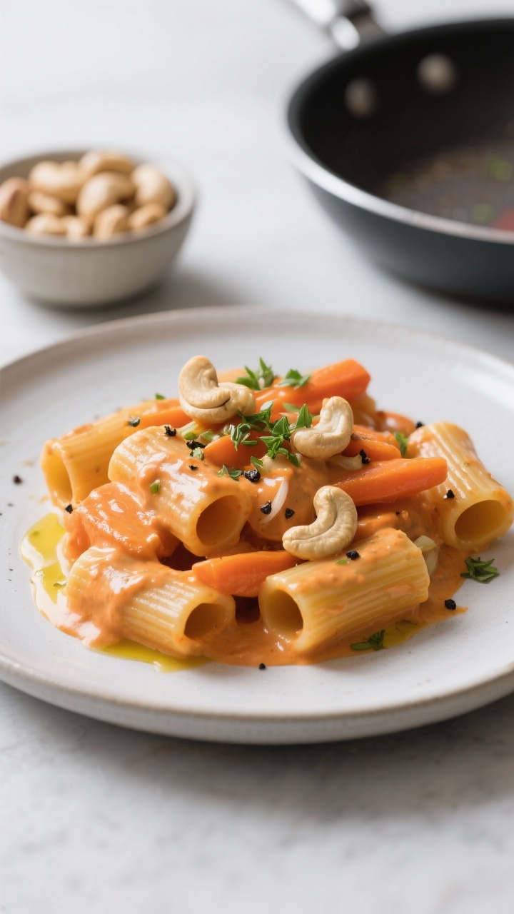 Straight-on plated presentation of pasta coated in creamy carrot-cashew sauce: rigatoni enveloped in a silky, sunset-orange sauce made from sautéed garlic and onion, tender carrots, and soaked raw cashews; sauce ultra-smooth and glossy, ribbons clinging to ridges; a drizzle of olive oil and black pepper on top, with reserved chopped herbs for color; in the background, a small bowl of soaked cashews and a sauté pan hinting at the process; clean modern ceramic plate, studio lighting.