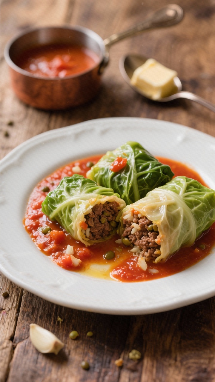 Straight-on plated presentation of rustic cabbage rolls in a tomato–garlic butter sauce: tightly wrapped green cabbage rolls (filled with either ground beef or lentils and rice) nestled in a shallow pool of glossy tomato-garlic butter. A spoon trail showing the sauce’s richness, with a few sautéed onion bits and visible flecks of minced garlic. One roll sliced open to reveal the hearty filling. Warm, homestyle mood on a wooden table, with a small saucepan of extra sauce and a pat of butter melting on a spoon.