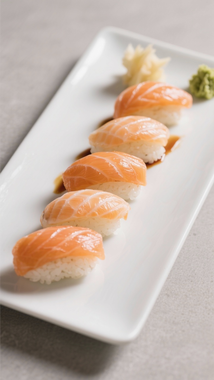 Straight-on plated presentation of Salmon Nigiri: a minimalist rectangular white plate with six glistening pieces of nigiri—hand-formed sushi rice ovals topped with tender, buttery, sashimi-grade salmon rectangles; a delicate smear of wasabi hinted between fish and rice; tiny brush of soy glaze sheen; small mound of wasabi and pickled ginger at the corner; soft side lighting to highlight the salmon’s marbling and silky texture, calm zen mood.