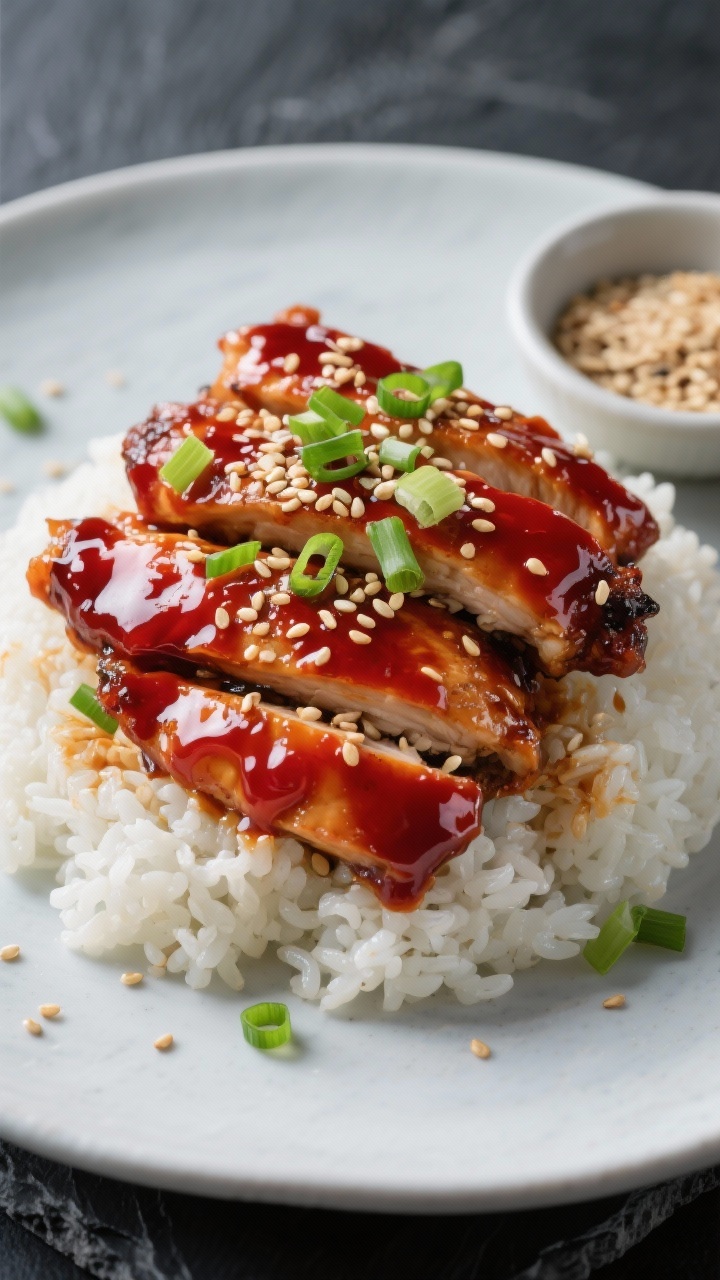 Straight-on plated presentation of sticky gochujang-glazed chicken tenderloins stacked over fluffy sesame rice, lacquered red glaze catching the light; thinly sliced green onions scattered on top, toasted sesame seeds sprinkled generously, extra seeds in a tiny dish nearby; clean modern plate on a dark slate surface, high contrast to emphasize the glossy, spicy-sweet Korean-inspired glaze.