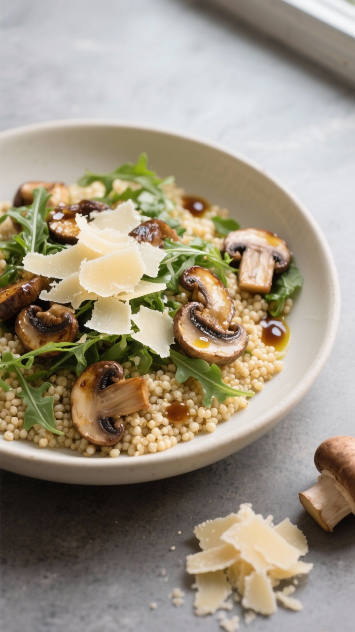 Straight-on plated presentation of Warm Israeli Couscous Salad with roasted mushrooms and shaved Parmesan: pearl couscous tossed warm with a mix of roasted cremini and shiitake mushrooms, buttered edges glistening, scattered baby arugula, and generous curls of Parmesan on top; a light drizzle of balsamic reduction and olive oil. Served in a wide, low rimmed cream bowl on a slate-gray surface with a small pile of extra Parmesan shavings and a mushroom cluster nearby; cozy, savory, umami-forward mood with soft window light.