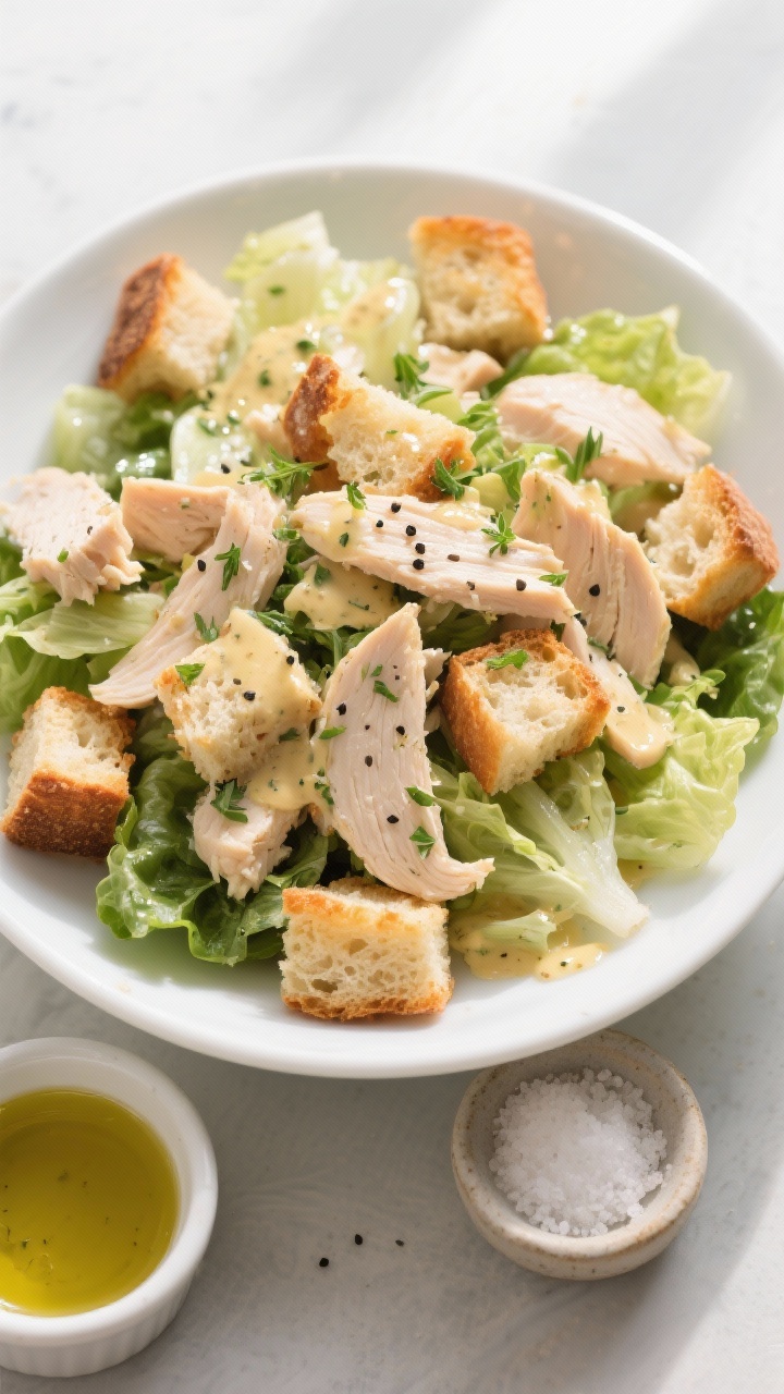 Straight-on plated salad scene of herby chicken Caesar panzanella: big torn chunks of day-old sourdough/ciabatta croutons toasted in olive oil, tossed with chopped romaine heart, chopped cooked chicken, and flecks of fresh herbs, glistening with Caesar-style dressing. Cracked black pepper visible on the croutons, a small ramekin of olive oil and a pinch bowl of salt nearby. Serve in a wide white ceramic bowl to highlight crunch and greens; bright, fresh daylight for crisp textures.