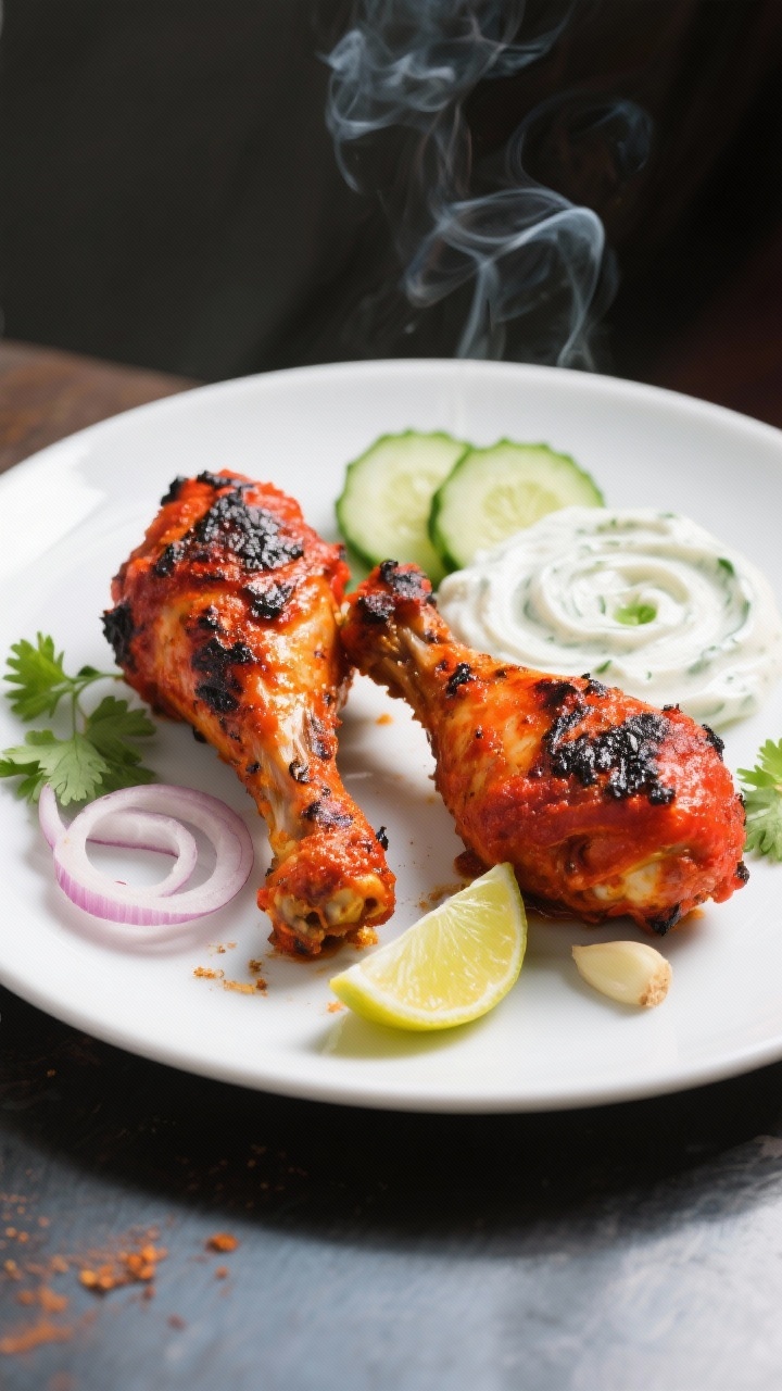 Straight-on plated shot of charred tandoori-style chicken legs with cooling cucumber raita: yogurt-marinated chicken (plain whole-milk yogurt, lemon juice, garlic, fresh ginger, garam masala, ground cumin, ground coriander) grilled to deep charred edges and vibrant red-orange hue; served on a white plate with a swirl of creamy cucumber raita and lime wedges; scattered cilantro leaves and thin onion rings; bright daylight, clean background, subtle smoke-char highlights emphasizing texture and spice.