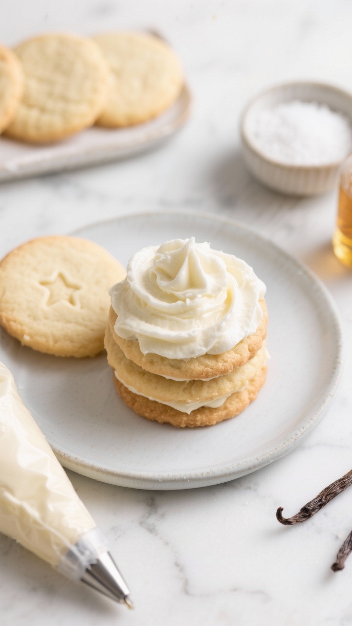 Straight-on plated shot of soft-baked sugar cookies generously topped with swoops of vanilla cream cheese frosting, glossy and cloudlike; show a piping bag with a star tip resting nearby, a small bowl of granulated sugar, and vanilla extract in the background; stack a few unfrosted pale-golden cookies to emphasize softness; cool-toned ceramic plate on a white marble surface, bright clean light, focus on pillowy texture and creamy frosting sheen.
