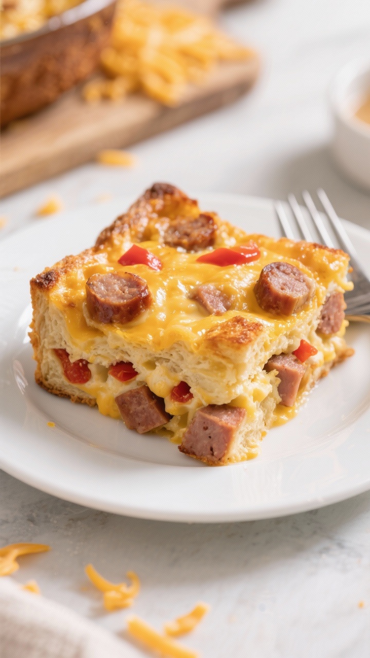 Straight-on plated slice of smoky sausage and cheddar breakfast strata: golden, puffed casserole square revealing layers of cubed day-old French bread, diced smoked sausage, melted sharp cheddar and Gruyère, and flecks of red bell pepper throughout. The top is deeply burnished with crisp cheese edges; custard set but tender. Served on a white plate with a fork, extra shredded cheddar scattered on the board behind, natural morning light highlighting the custardy interior and crispy crown.