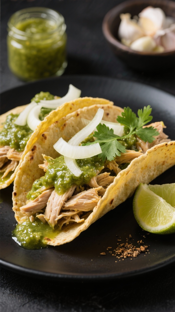 Straight-on plated taco presentation for Salsa Verde Chicken Tacos: shredded slow-cooked chicken thighs bathed in glossy salsa verde piled into warm corn tortillas, topped with thinly sliced white onion, a sprinkle of fresh cilantro, and lime wedges on the side; visible cumin-speckled juices pooling lightly; a small jar of salsa verde and a bowl of minced garlic in the background slightly out of focus; styled on a matte black plate to make the green salsa pop, clean modern look, no hands.