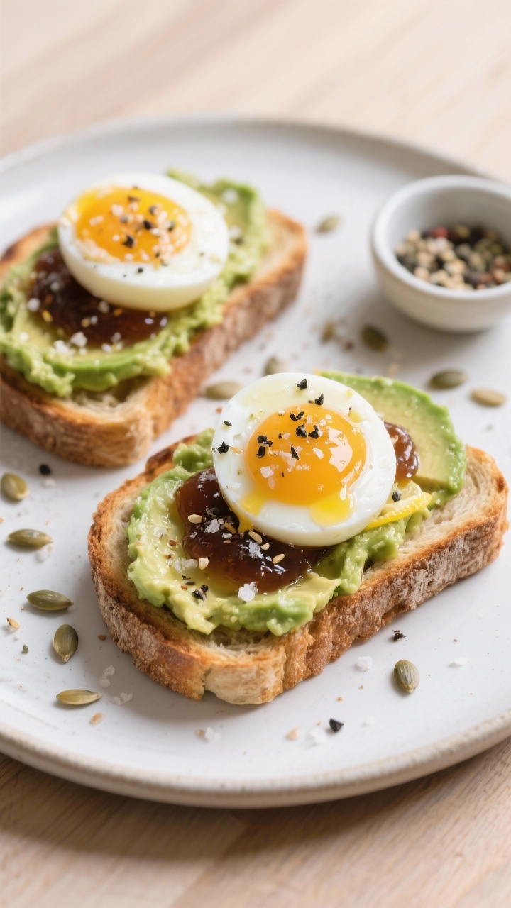 Straight-on plated toasts: thick-cut sourdough slices toasted and slathered with chunky avocado smashed with lemon juice and olive oil, seasoned with kosher salt and black pepper; topped with jammy eggs halved to reveal molten yolks, sprinkled generously with everything seasoning crunch; seeds scattered on the plate, a small bowl of extra seasoning to the side; clean ceramic plate on a light wood surface, crisp, modern styling.