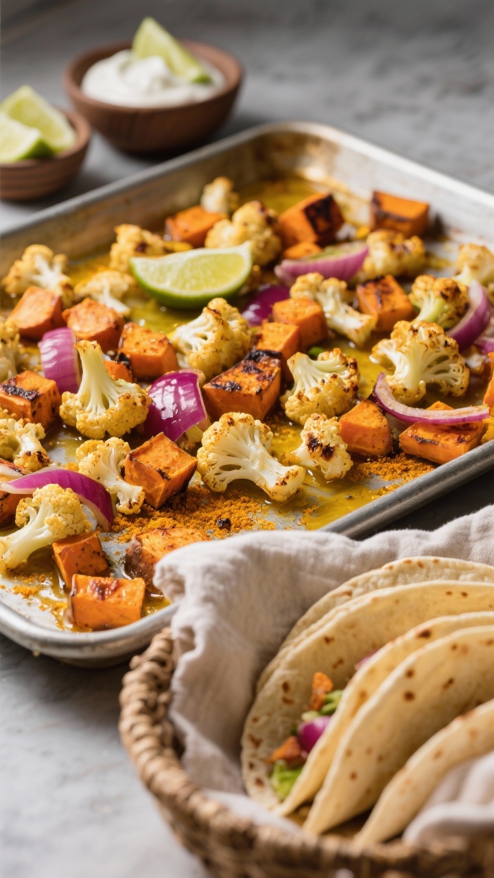 Straight-on sheet pan action shot: Spiced cauliflower and sweet potato sheet pan tacos in the making. A rimmed baking sheet loaded with small cauliflower florets, 1/2-inch sweet potato cubes, and slivers of red onion tossed in olive oil, ground turmeric, and ground cumin—edges caramelizing, turmeric staining everything a rich golden hue. Warm, earthy palette with charred bits and roasted steam. In the foreground, warmed tortillas stacked in a linen-lined basket; in the background, small bowls of lime wedges and a simple yogurt-lime drizzle. Emphasis on texture: crisped cauliflower, tender sweet potato, and glossy onions.