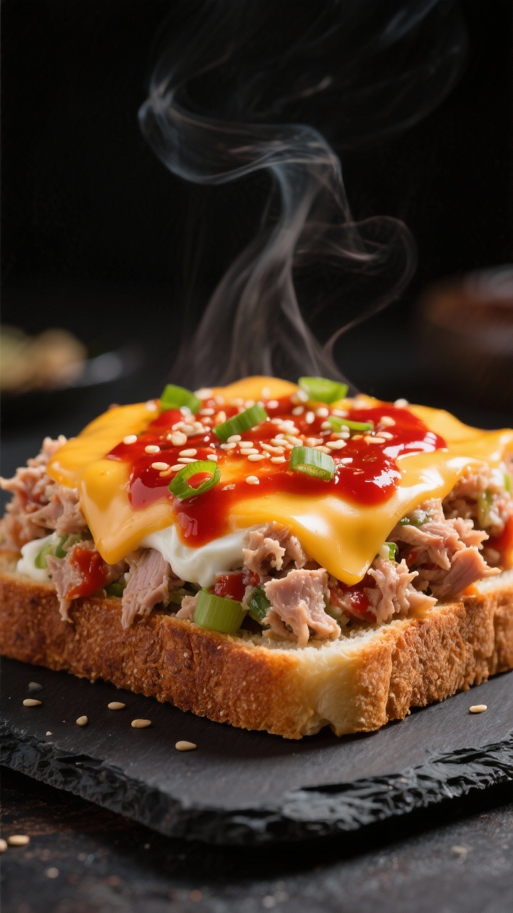 Straight-on shot of a spicy gochujang tuna melt on toasted bread: tuna salad mixed with mayonnaise, Greek yogurt, gochujang, rice vinegar, soy sauce, and a touch of honey, piled generously and topped with bubbling melted cheese; glossy chili-red hue peeking through the cheese, a light drizzle of gochujang and a sprinkle of sesame seeds and scallions for Korean flair; set on a dark slate board with steam rising, moody contrast, tight framing to capture gooey texture, no people.