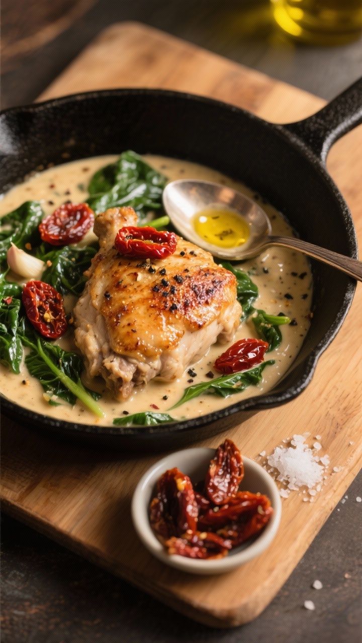 Straight-on skillet scene: bone-in, skin-on chicken thighs seared to a bronzed crust, nestled in a creamy Tuscan sauce with sun-dried tomatoes and wilted spinach; visible flecks of Italian seasoning, minced garlic, and black pepper; sauce looks silky and coats the spoon, slight sheen from olive oil (as if from the sun-dried tomato jar); served in a black cast-iron skillet on a wooden board, with a small dish of extra sun-dried tomatoes and a sprinkle of kosher salt nearby; warm, golden light accentuating the cream’s texture and the ruby sun-dried tomato pieces.