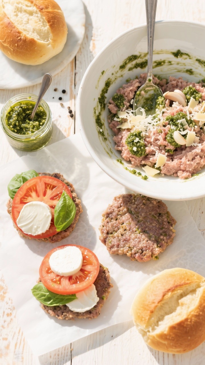 Sunlit overhead ingredients-and-assembly scene for Sunshine Pesto Caprese turkey burgers: mixing bowl with ground turkey combined with basil pesto, grated Parmesan, minced garlic, kosher salt, and black pepper; formed patties resting on parchment; toppings arranged—thick tomato slices, fresh mozzarella medallions, vibrant basil leaves, and a small jar of extra pesto with a spoon; golden toasted ciabatta buns nearby; bright, summery palette with natural light and soft shadows on a pale wood surface.
