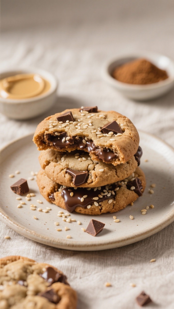 Tight close-up of chewy tahini chocolate chunk cookies stacked with one broken in half, showing gooey pools of melted chocolate and a glossy sesame-studded surface; visible tahini sheen and crackled tops; sprinkle of toasted sesame seeds around, small bowl of tahini and melted butter/coconut oil in the background, brown and granulated sugars in tiny dishes; neutral ceramic plate on a light linen, soft natural light to emphasize chew and sesame crunch.
