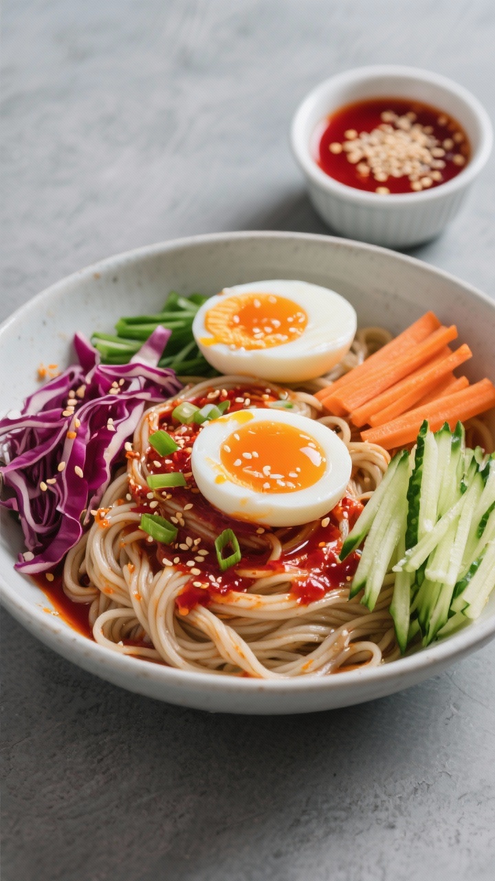 Vibrant overhead ingredient-meets-final bowl for sesame-gochujang cold ramen: chilled ramen noodles slicked with a spicy-sweet gochujang-sesame dressing, topped with halved jammy soft-boiled eggs, neat piles of julienned cucumber and carrots, thinly sliced red cabbage, and green onions. A small ramekin of deep-red gochujang, toasted sesame seeds, and a drizzle of sesame oil visible. Served in a wide shallow bowl on a cool gray surface for a crisp, refreshing vibe; emphasize contrasting crunch, glossy eggs, and bold red-orange dressing.