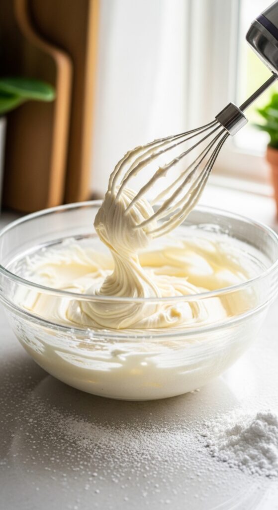 Cream cheese frosting being mixed in a glass bowl