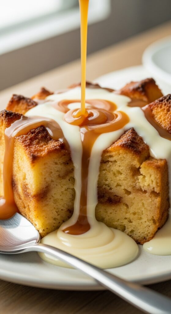 Homemade bread pudding served