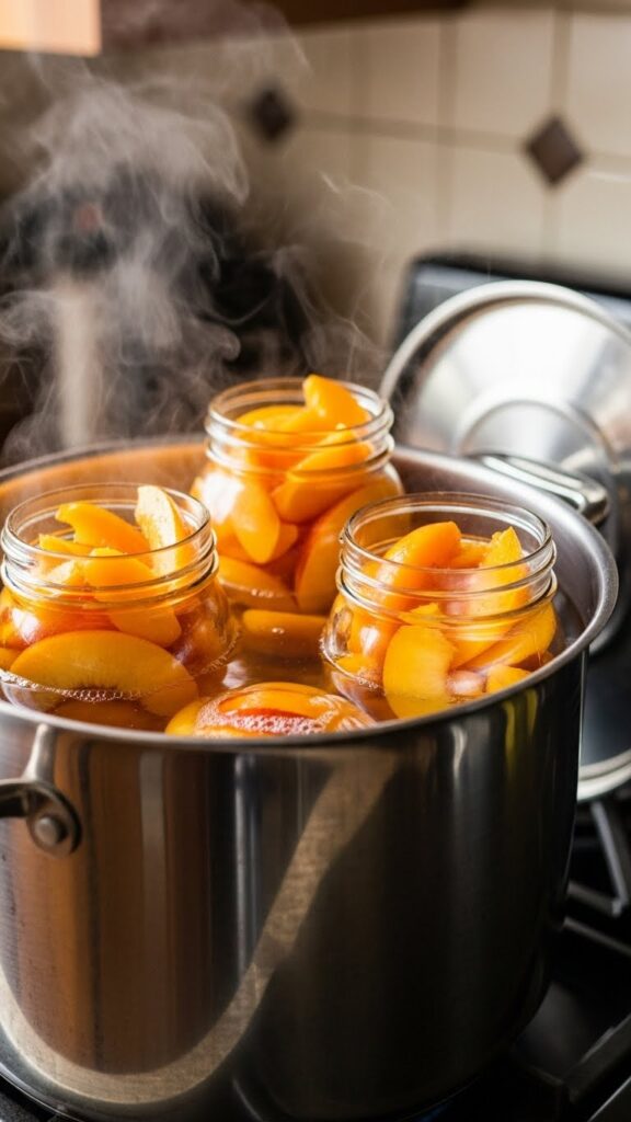 Mason jars filled with peaches