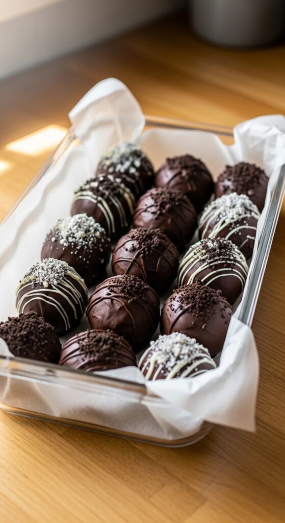 Oreo balls stored in a clear airtight container
