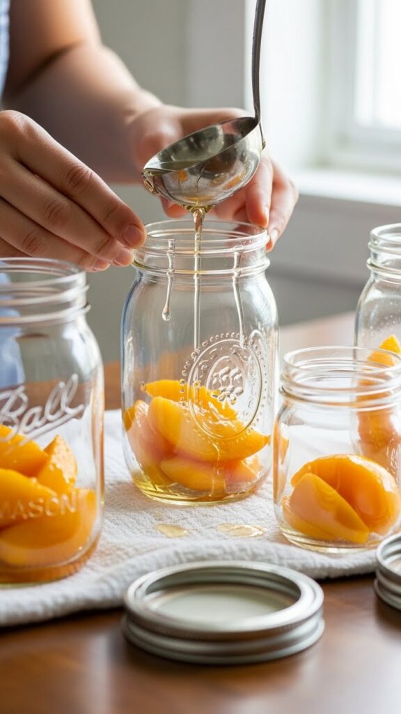 Peach slices packed into mason jars