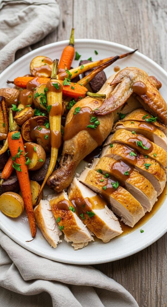 Plated carved roast chicken