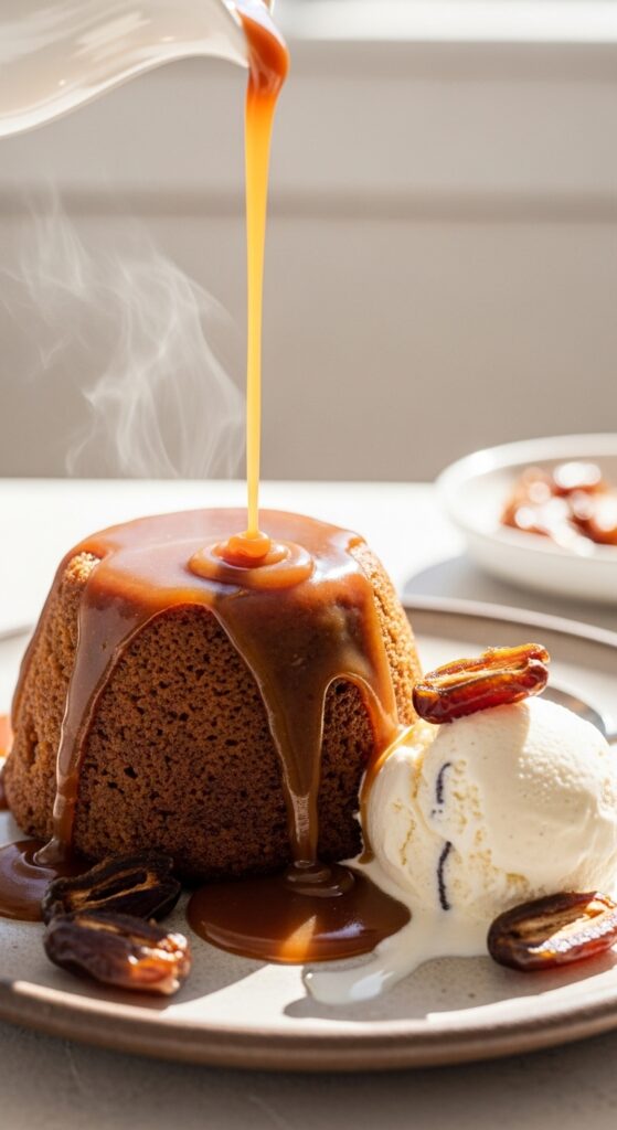 Pouring Toffee Sauce over Pudding