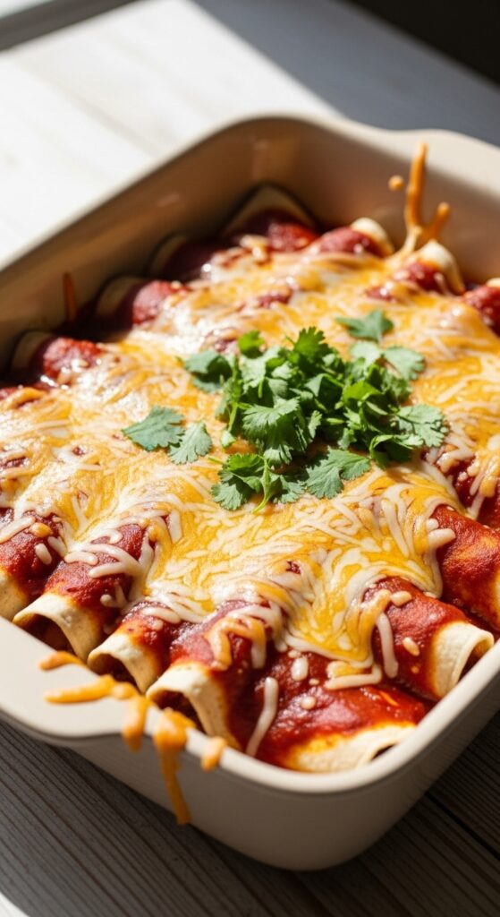 baking dish of turkey enchiladas