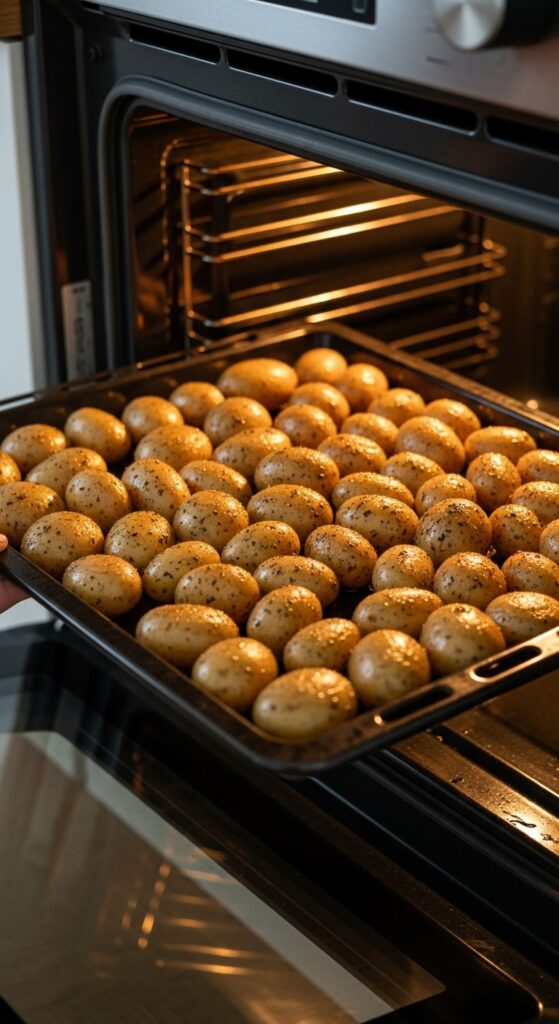 baking tray of seasoned potatoes