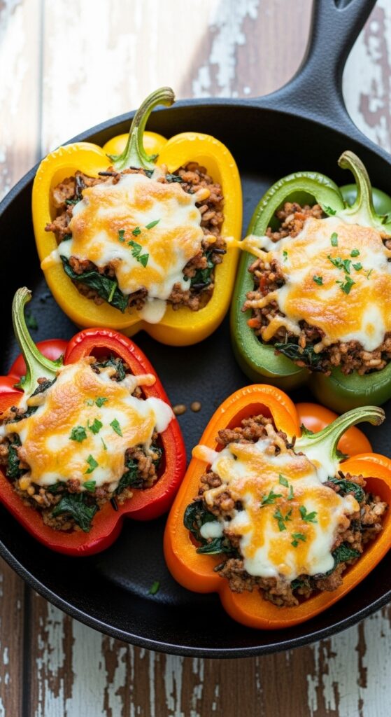 bell peppers stuffed with turkey, rice, and spinach