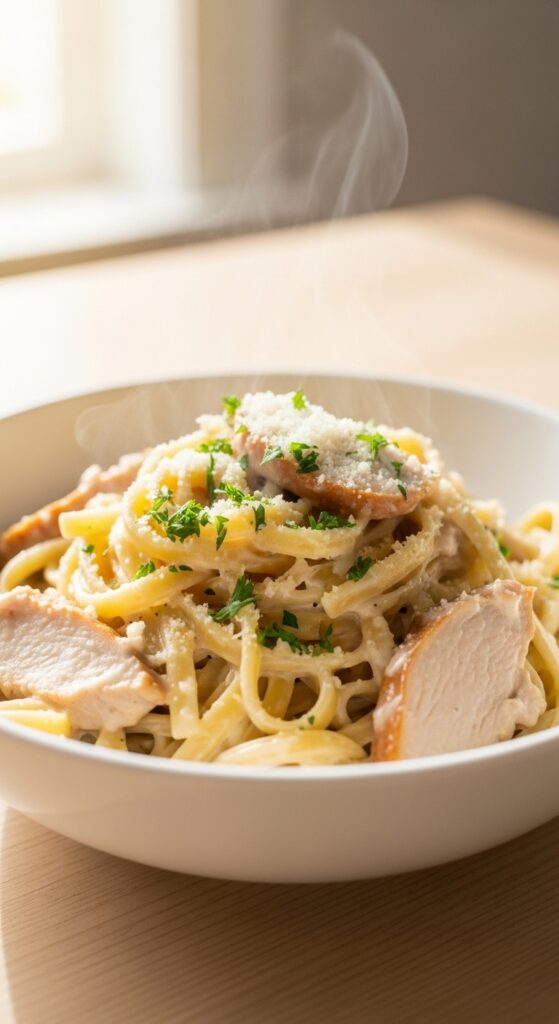 bowl of turkey fettuccine Alfredo