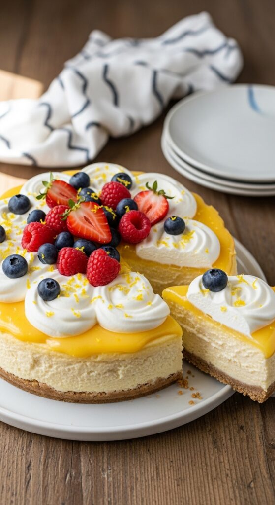 cheesecake topped with lemon curd